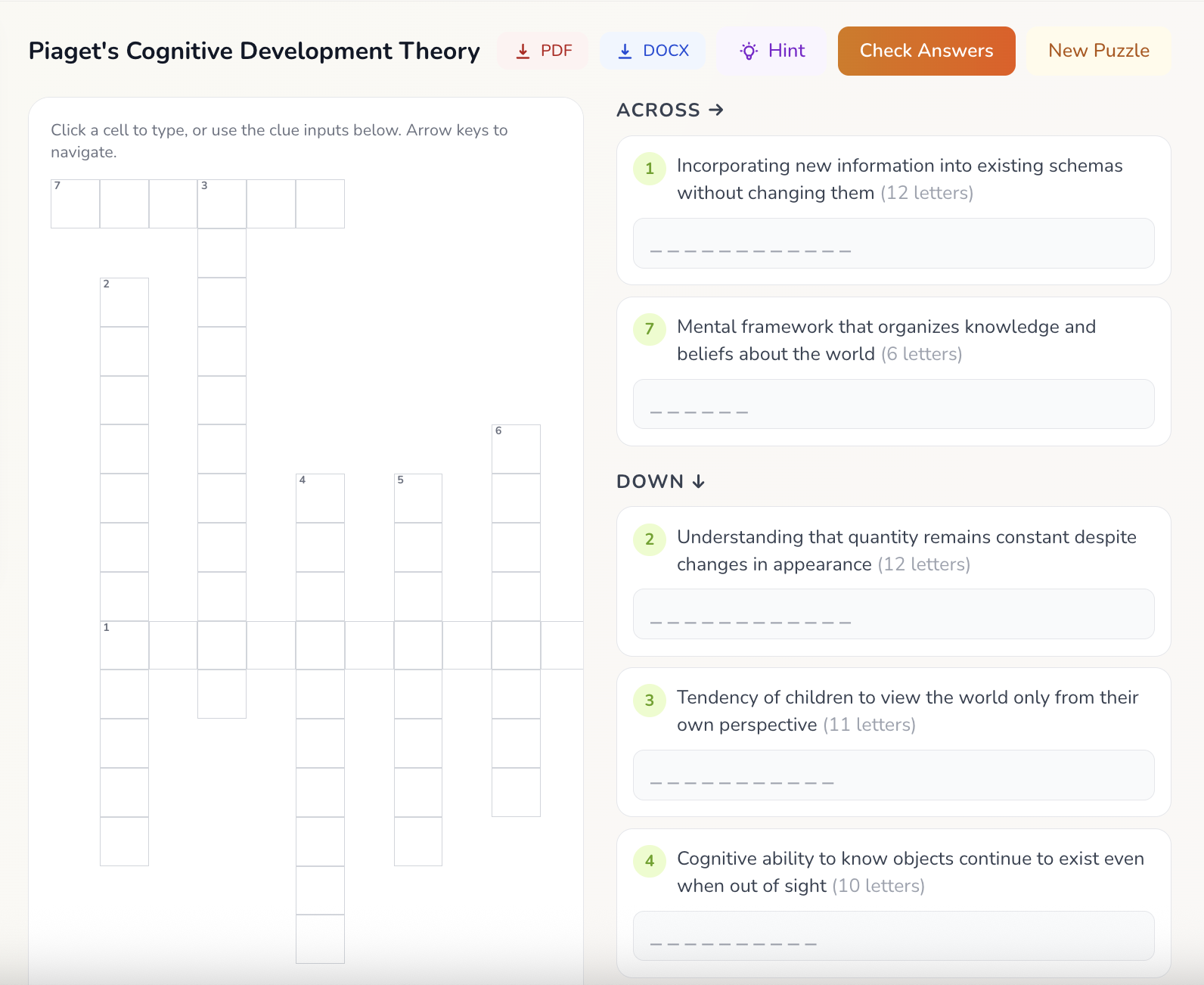 WriteScholar crossword puzzle generator with grid and across/down clues